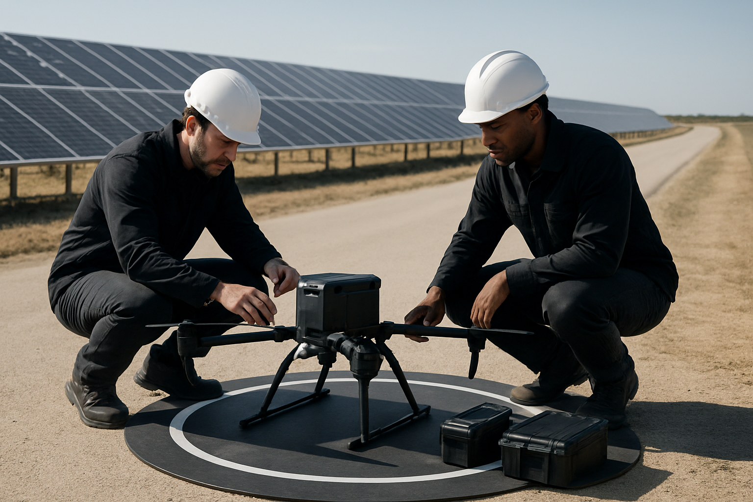Operators preparing an aerial robot before a solar farm inspection flight.