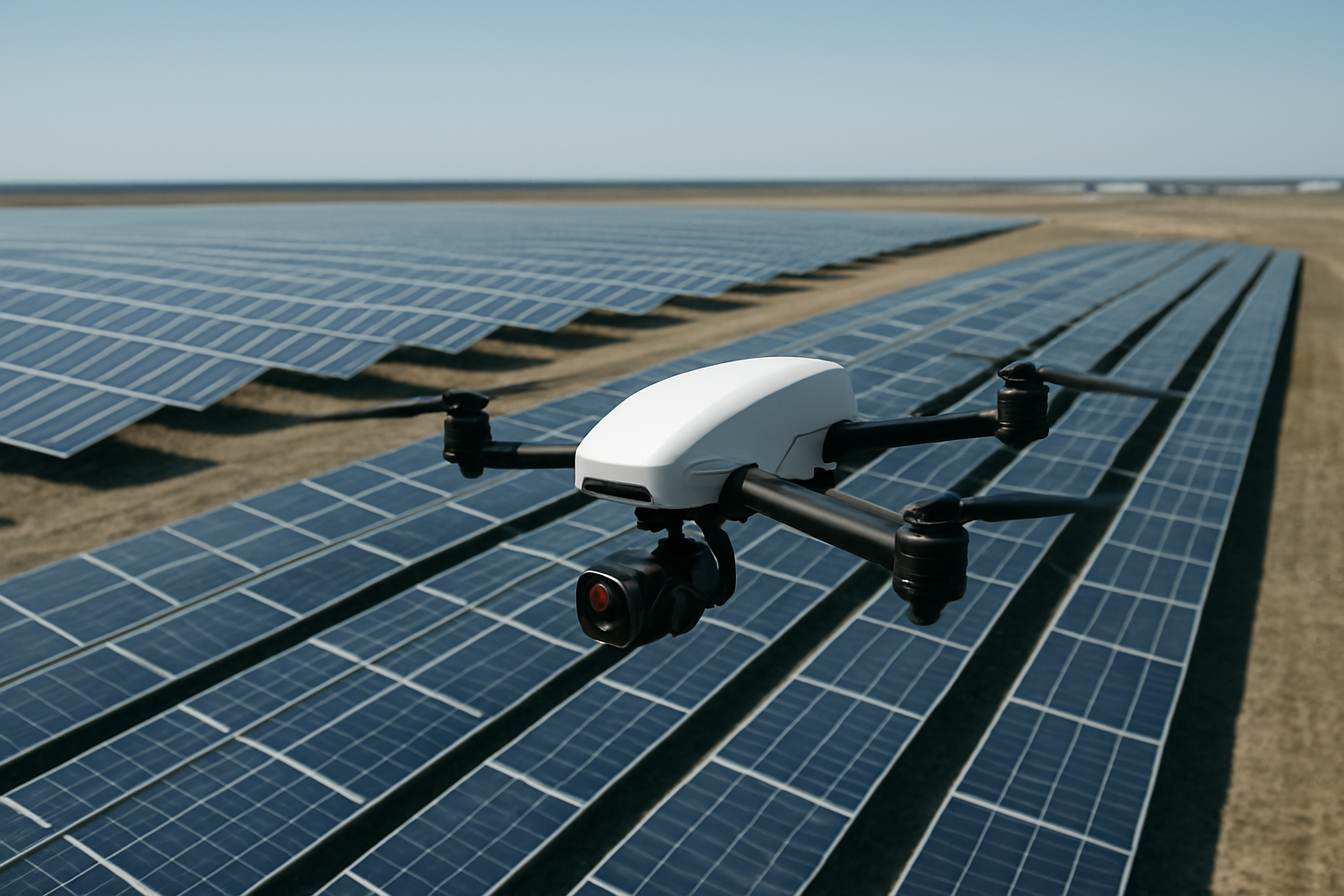 Drone capturing thermal and visual imagery over rows of solar panels.