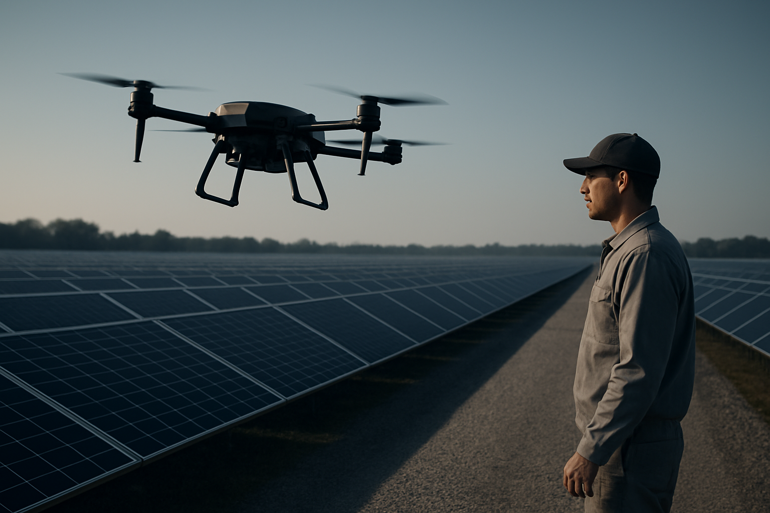 Autonomous drone inspecting solar panels at a solar farm while an engineer observes.