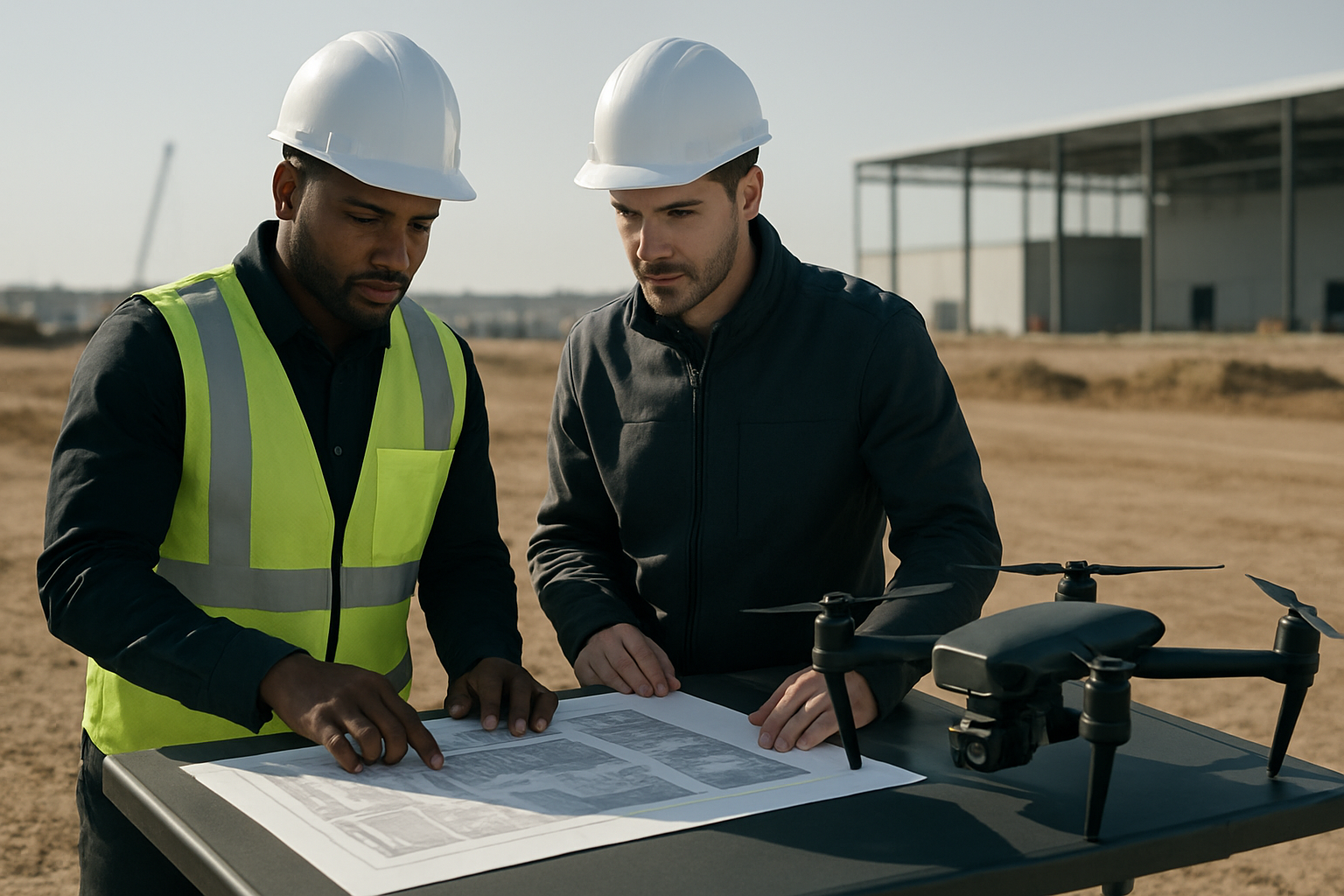 Construction team planning an aerial mapping flight near an active jobsite.
