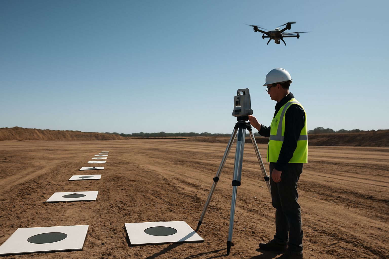 Engineer setting ground control for drone mapping on a construction site.