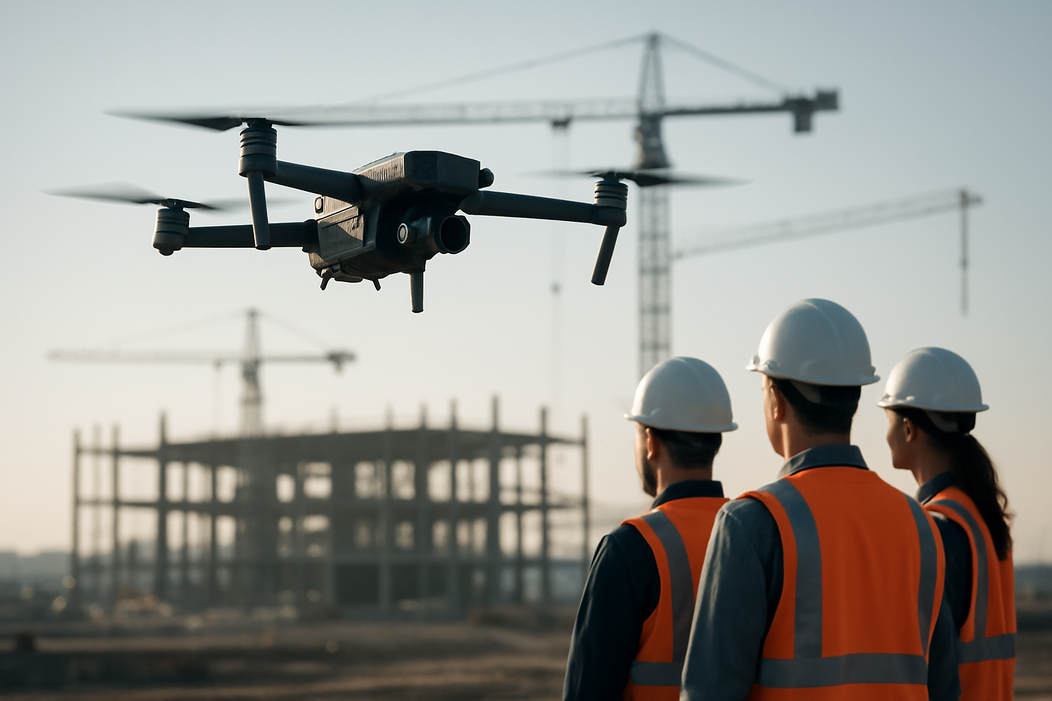 Aerial robot mapping a construction site while engineers observe from a safe distance.