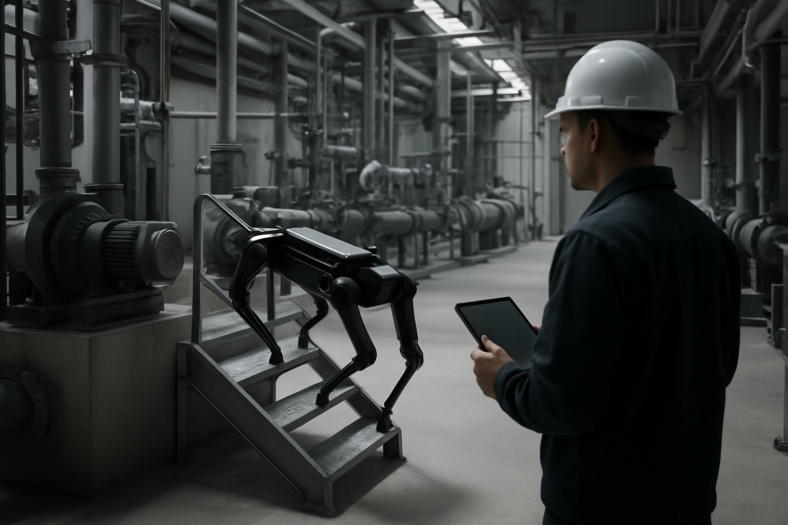 Legged robot navigating stairs during an industrial facility inspection.