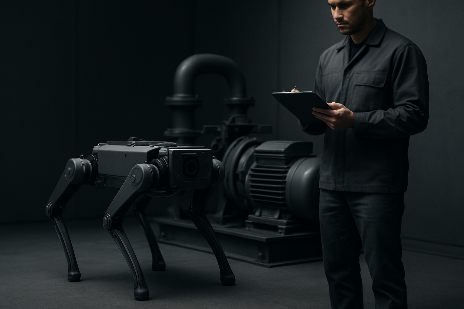 Legged robot capturing inspection data near industrial rotating equipment.