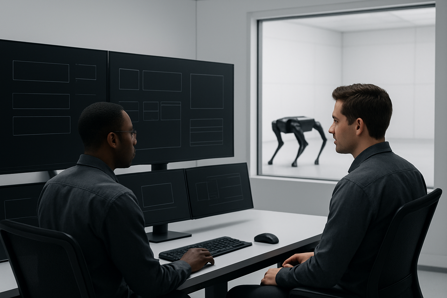 Engineers reviewing legged robot inspection data in a clean operations room.