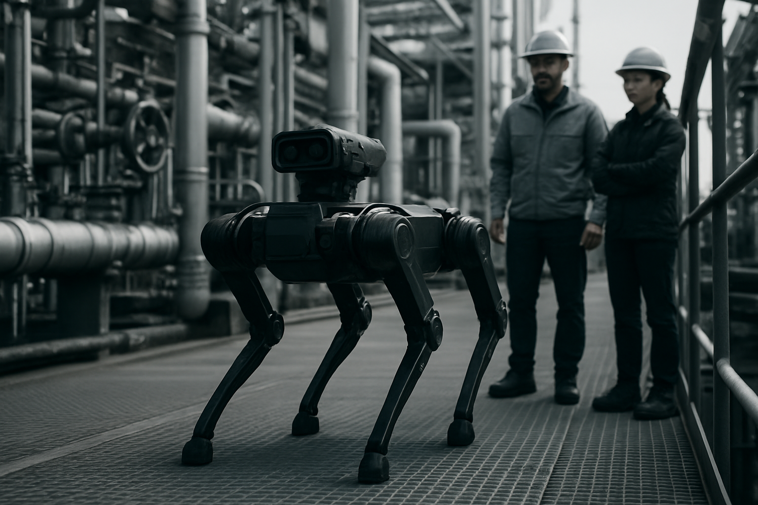 Legged robot on an industrial plant walkway with engineers observing an inspection route.
